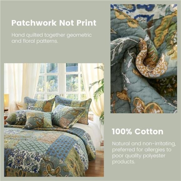 King Size Comforter Set- 100% Cotton Quilt King Size Set, Green, Sage bedspreads - Picture 4 of 7